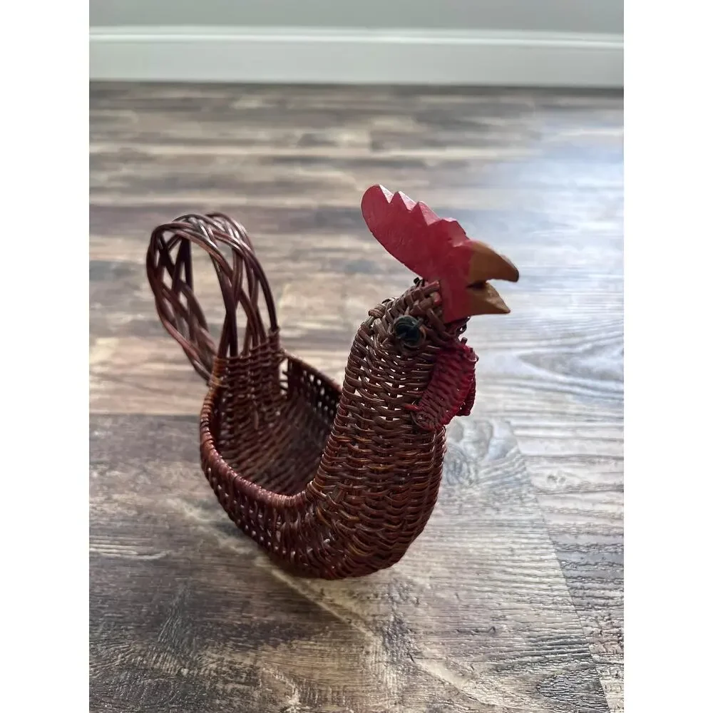 Vintage Wicker Rooster Basket | Handwoven Chicken with Carved Wooden Head
